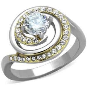 Silver Gold Art Deco Cocktail Ring Size 8 9 10 Statement Swirl Cubic Zirconia